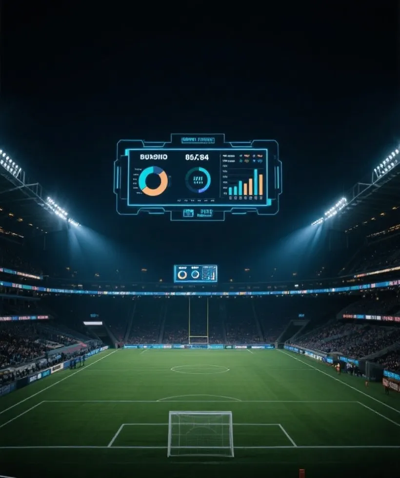 夜间足球场与数字化赛事数据界面